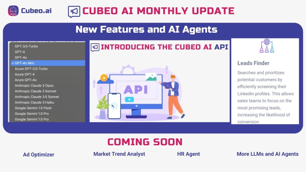 Cubeo AI New features and AI Agents GPT-4o mini, Gemini, API