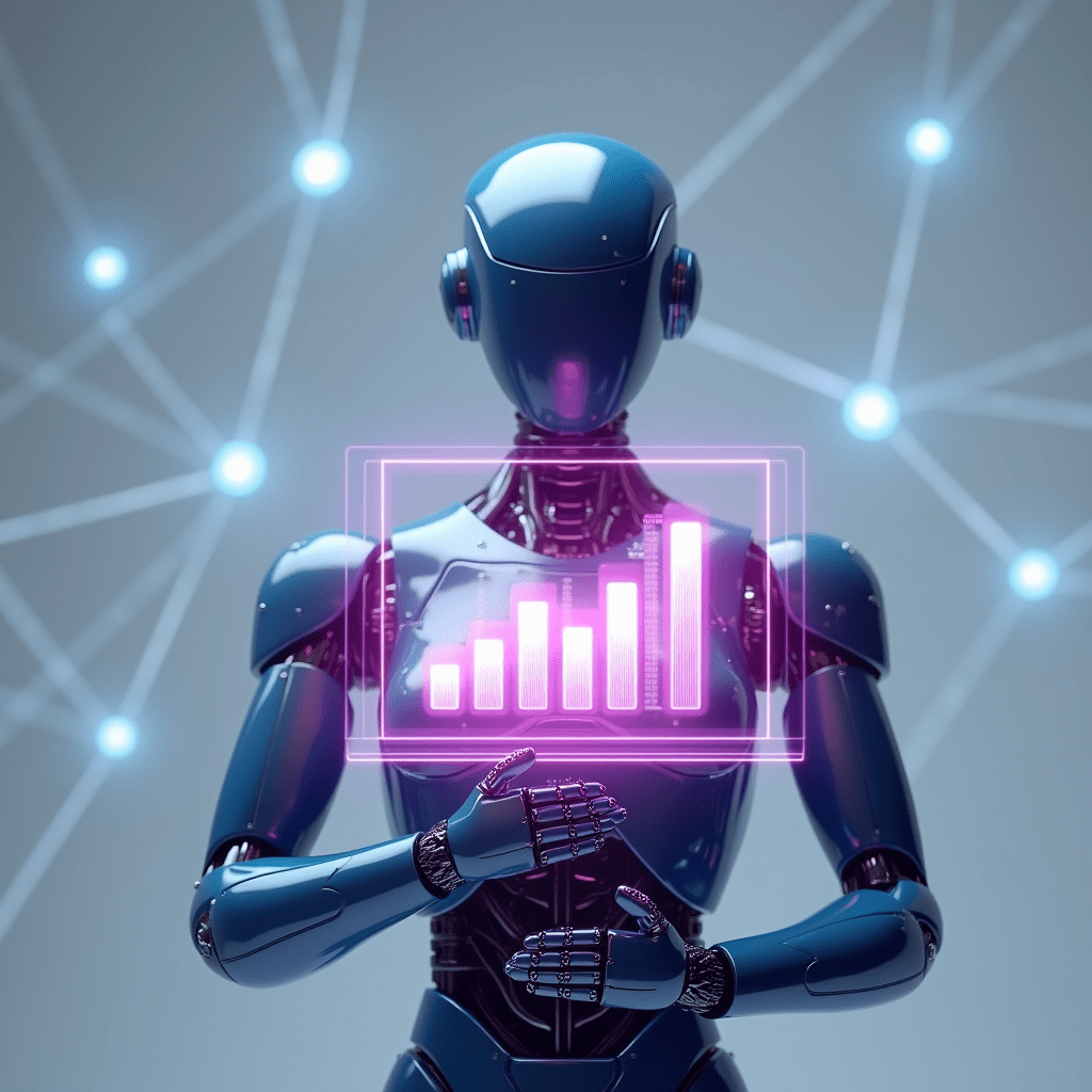 AI-powered robot analyzing sales data, symbolizing the use of artificial intelligence in sales optimization and performance tracking.