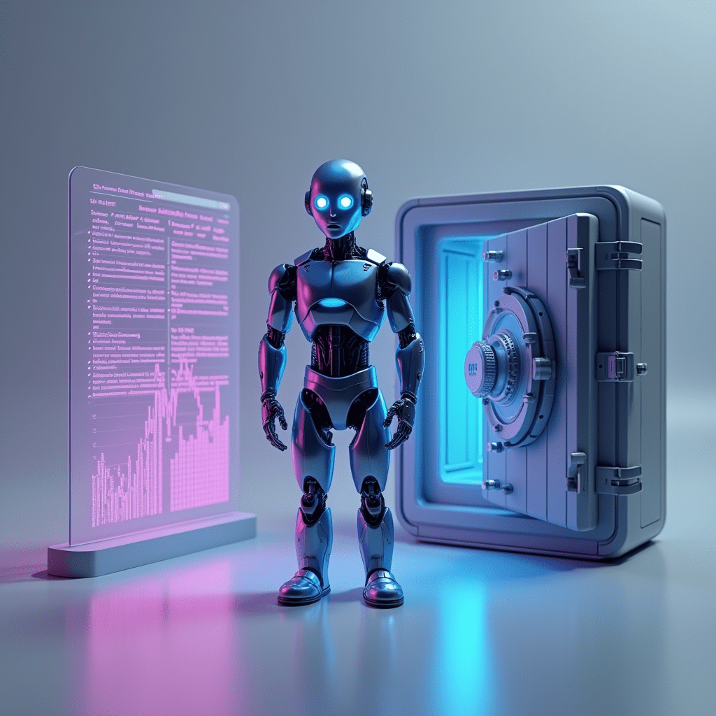 Robot standing next to a secure vault and digital financial data screen, representing AI in fintech for secure transactions and data analysis.