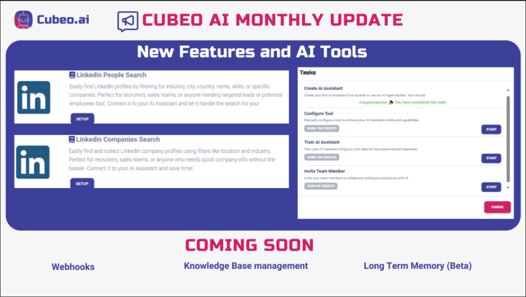 Cubeo AI Monthly Update Linkedin Profile Search tool Linkedin Companies Search tool Chat Run API