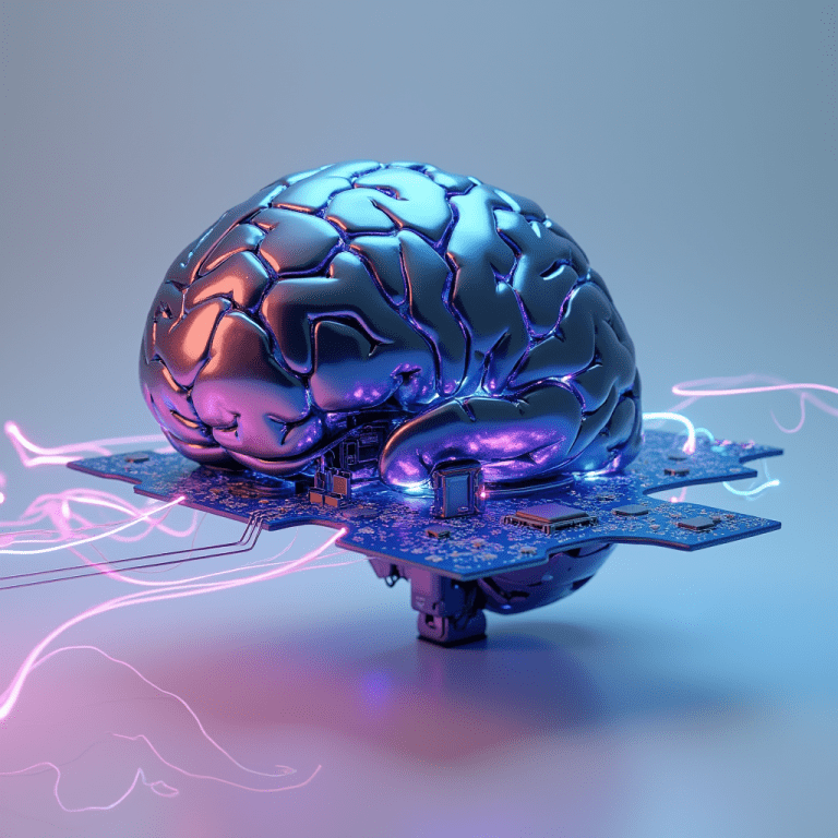 Futuristic brain integrated with a circuit board, symbolizing the fusion of artificial intelligence and technology for building your own AI tool