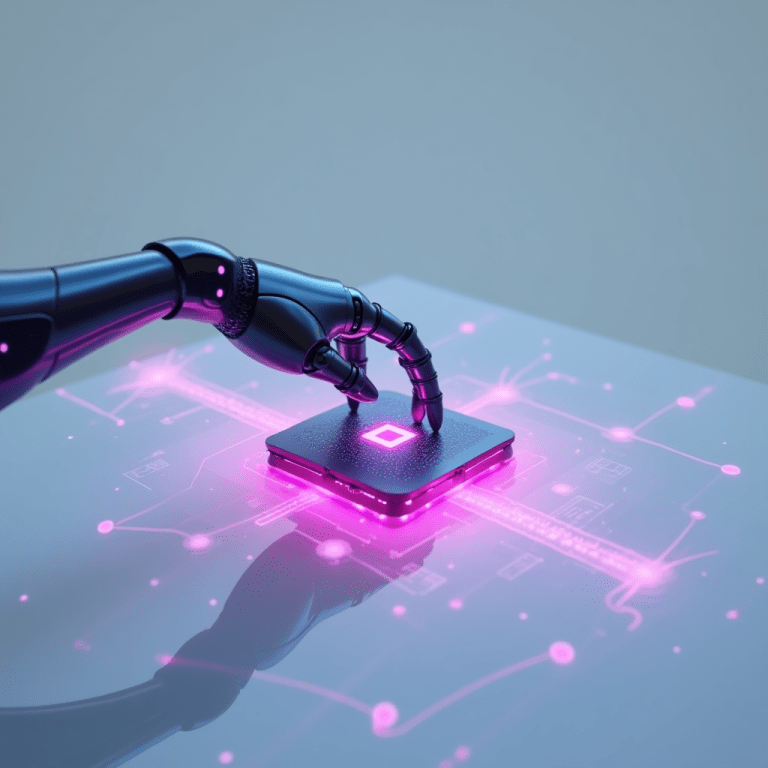 A robotic hand interacting with a glowing chip, symbolizing the role of AI assistants in handling tasks and automating processes.