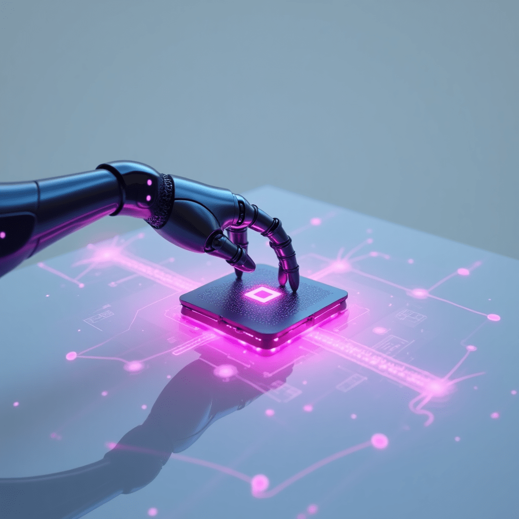 A robotic hand interacting with a glowing chip, symbolizing the role of AI assistants in handling tasks and automating processes.