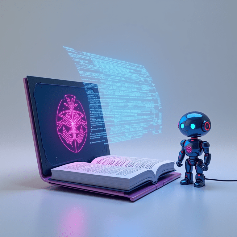 A small robot next to a book and a digital display of code, symbolizing the concept of large language models (LLMs) in AI.