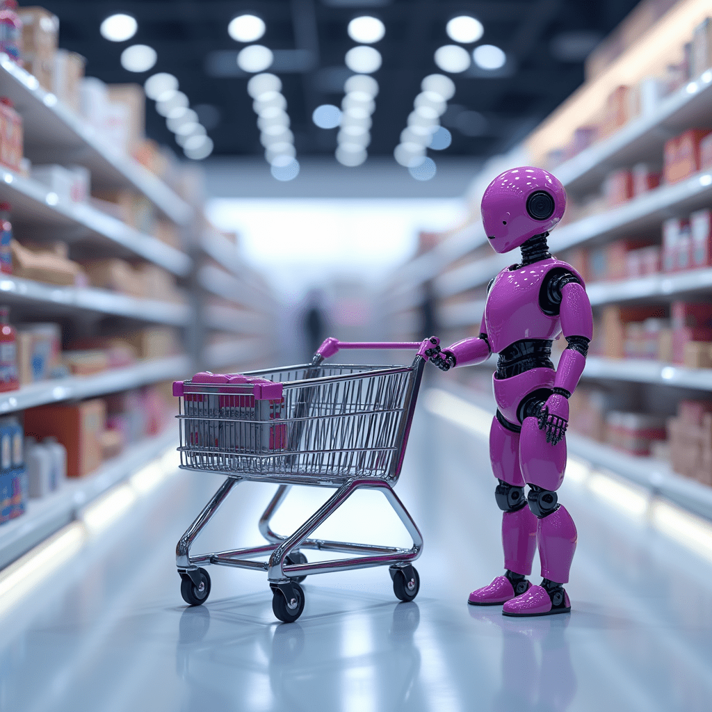 A pink robot pushing a shopping cart in a retail store, symbolizing the integration of AI in retail operations.