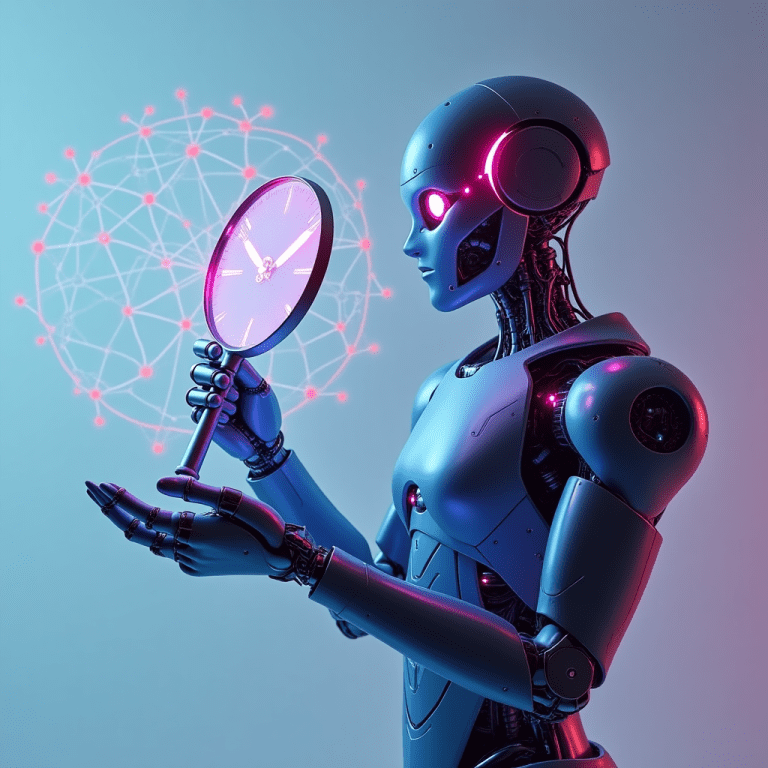 A robot holding a clock and magnifying glass, symbolizing AI-driven market research and personalized outreach.