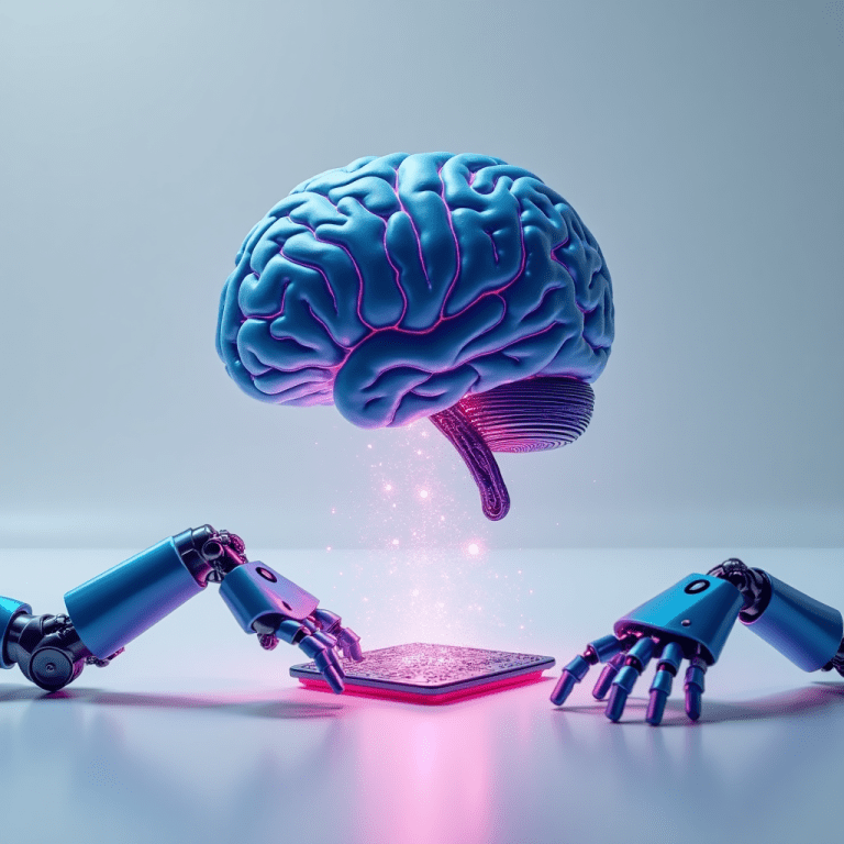 A robotic brain being analyzed by robotic hands, symbolizing generative AI and its capabilities in creating intelligent content.