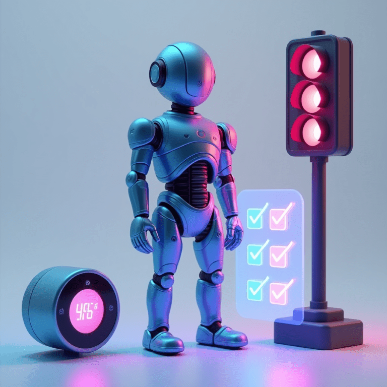 A robot standing next to a traffic light and a smart thermostat, symbolizing Reflex AI agents in action.