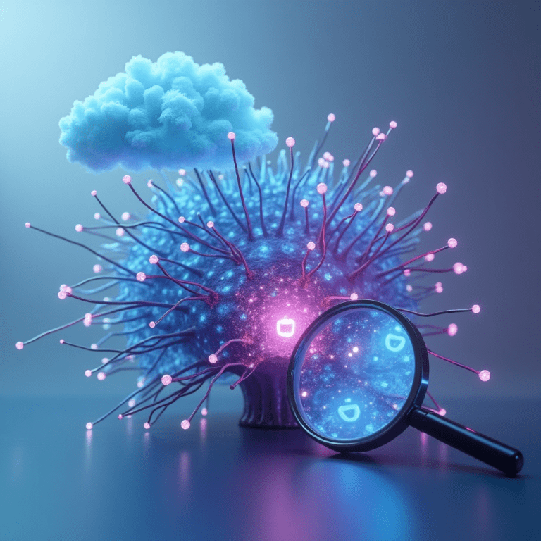 Digital visualization of an AI brain with a magnifying glass and cloud, symbolizing AI hallucination and complex data analysis.