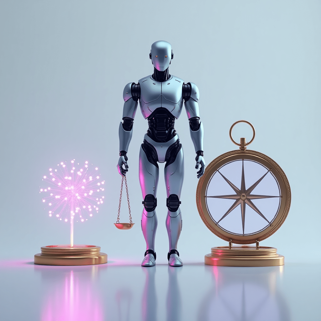 AI robot standing between a scale and a compass, symbolizing decision-making and utility-based functionality.