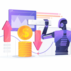 AI in finance illustrating efficiency, cost savings, enhanced decision-making, security, and personalized financial services with a robot analyzing financial data.