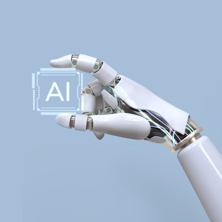 AI chip held by a robotic hand, representing artificial intelligence, machine learning, and future technology advancements.